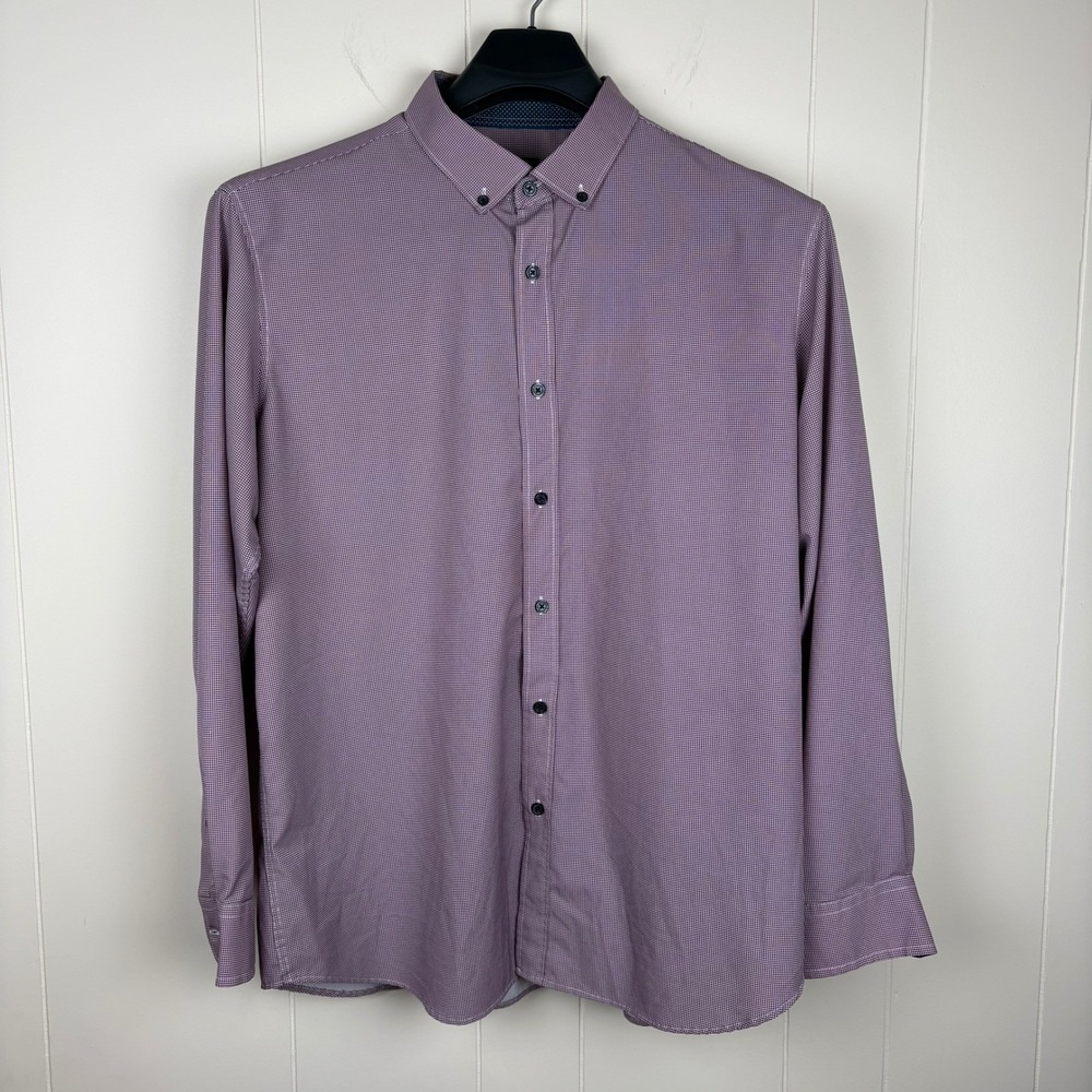 Jos A Bank Traveler Shirt Mens XL Tailored Fit Purple Micro Houndstooth Stretch